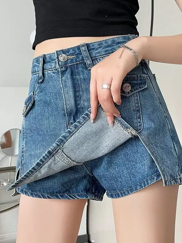 

American Retro High Waist Denim Skirt Women's Spring Summer New Sle Prevent Exposure Fake Two-Piece ort Jeans Skirt