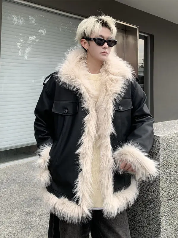 

Korean Style Men's Thickened Fleece Lined Fur Cotton Jacket Stand Collar PU Leather Biker Coat Warm Casual Long Sleeve Winter...