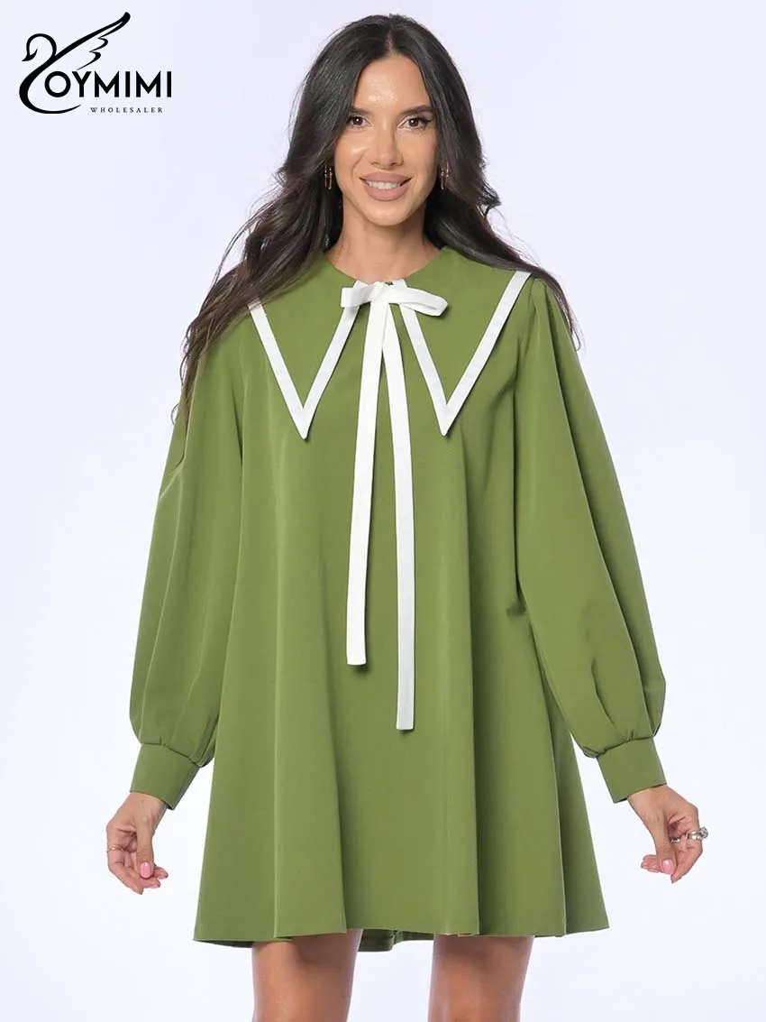 

Oymimi Casual Green Patchwork Women's Dress Elegant Turn-Down Collar Long Sleeve Dresses Fashion Bow Loose Mini Dresses Female