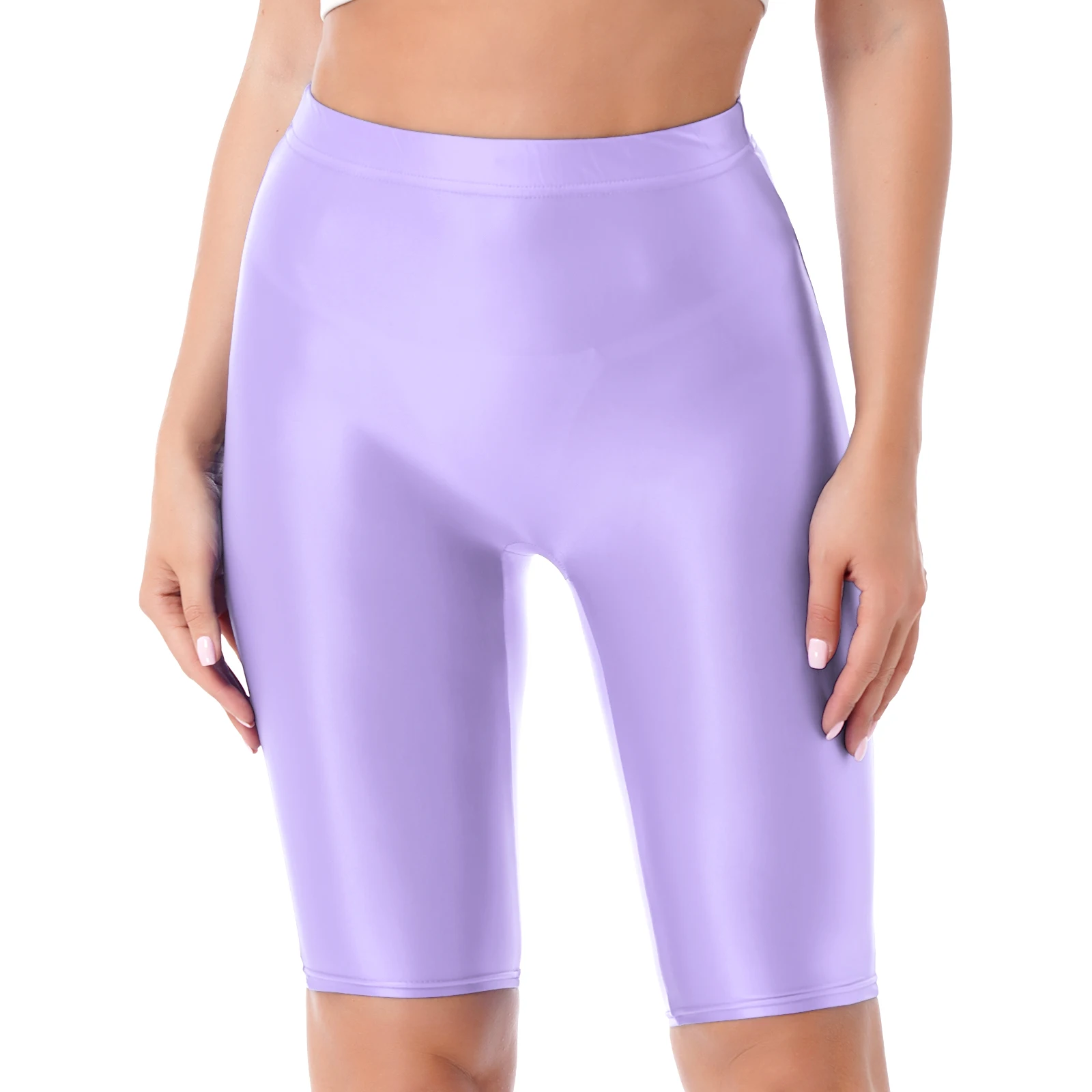 Women Glossy Shorts High Waist Fitness Short Leggings Oil Shiny Knee-Length Tights Swimming Trunks Female Workout Sports Bottoms