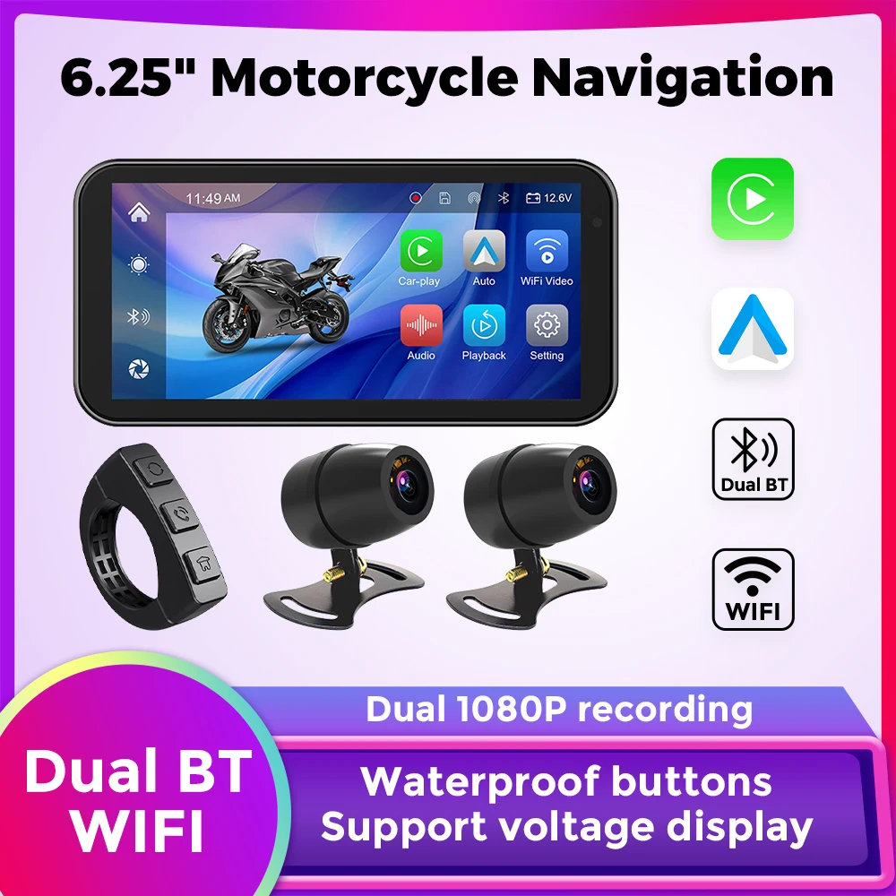 6.25inch Portable Motorcycle CarPlay Android Auto Front And Rear 1080P Recording Camera 2K Video Player Motorcycle Navigation