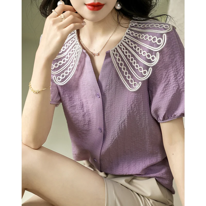 Fashion Women\'s Lace Design Jacquard Single Breasted Shirt Turn-down Collar Solid Color Crumpled Hollow Out Short Sleeve Blouse