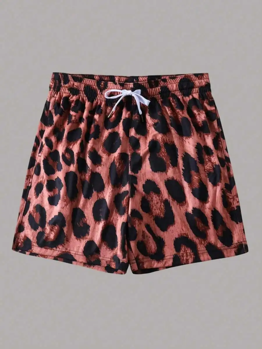 

Mens Leopard Print Casual Shorts With Drawstring Waist