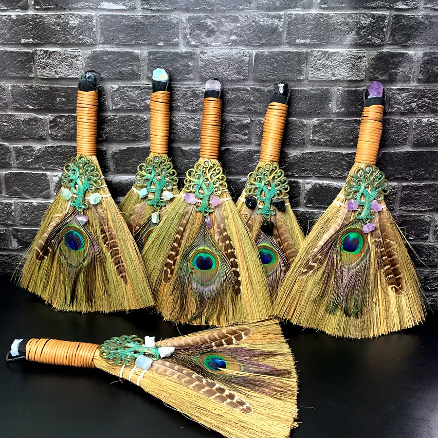 Witch Broom Natural Amethyst Peacock Feather Tree Of Life Altar Ornaments Decoration Sacrificial Table Broom Cleaning Tool
