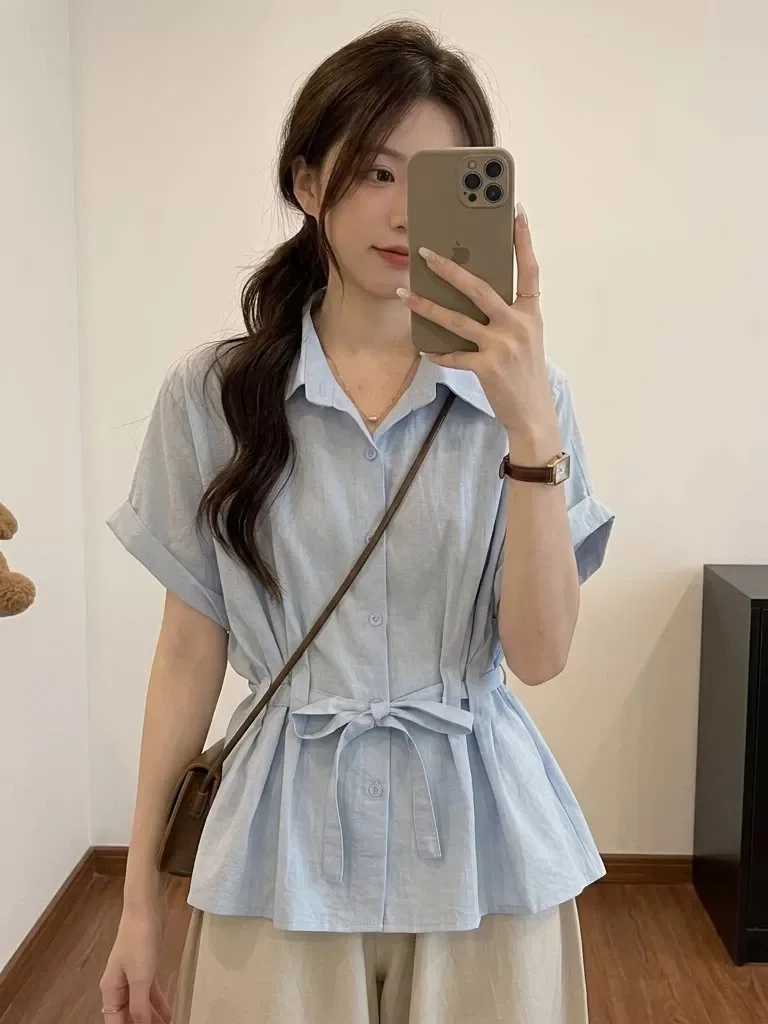 

Light Blue V-Neck Short Sleeve Shirt Women's Fashion Spring Summer New Style plus Size Waist Cinched Fluffy Top Commute Style