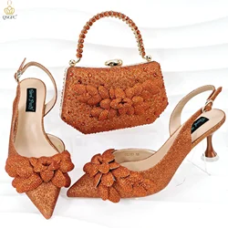 Nigeria Style Orange Color Fashion High Heels Shoes And Bag Wear-resistant And Comfortable Flowers With Rhinestone Embellishment