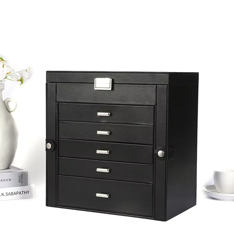 صندوق تخزين مستطيل ذو سعة كبيرة مكون من 6 طبقات، درج فاخر متعدد الطبقات للقلادة والقرط والإكسسوارات وصندوق تخزين المجوهرات