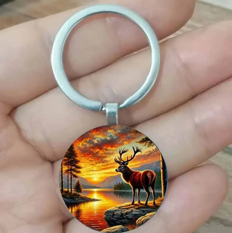 

Vintage Rural Deer Sunset Lake Scene Keychain - Durable Birthday Gift for Friends and Nature Enthusiasts Friendship Keychain, La