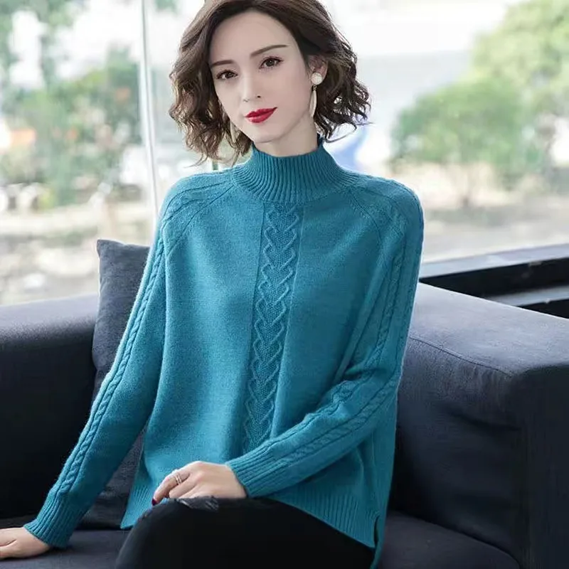 

Solid Thread Sweater Women New Vintage High Neck Pullover Femme Long Sleeve Knitwear Autumn Winter Bottoming Top Female