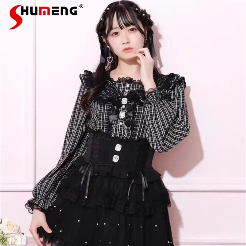 Women's Clothing Japanese Rojita Style Original New Landmine Sweet Lace Cute Bow Long-sleeved Shirt Solid Color Camisas De Mujer