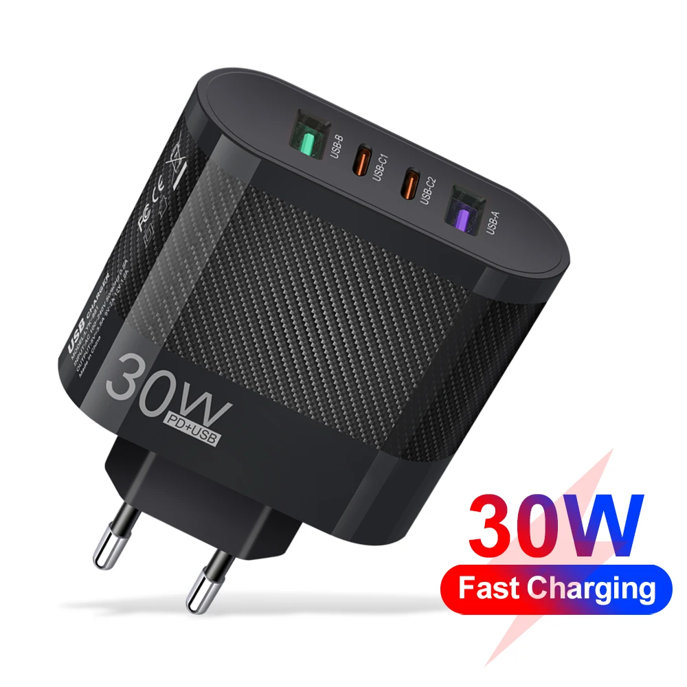 30W USB C Charger 4 Ports Type C PD Quick Fast Charging Charge 3.0 Wall Adapter for iPhone Xiaomi Samsung Huawei Travel Charger