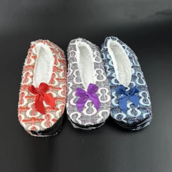 Fluffy Female Floor Slipper Women Bow Knot 8 words Winter warm Thick Fur Plush Anti Skid Grip Cute Funny Indoor Home House Shoes