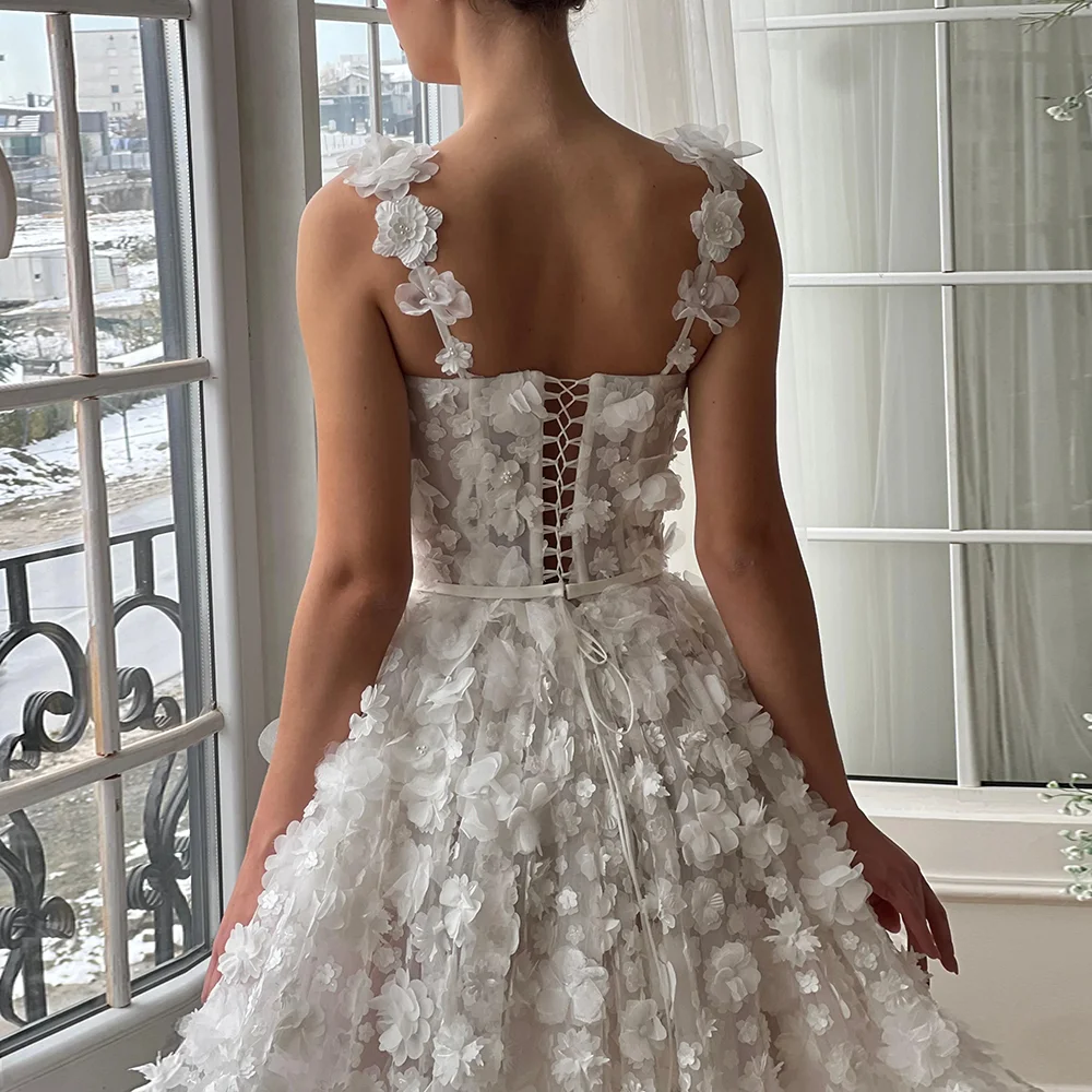 Robe de soirée de mariage trapèze, personnalisée, col en v, dos nu, fente haute sur le devant, fleurs 3D, avec des Appliques en dentelle, sans manches, longue robe de soirée