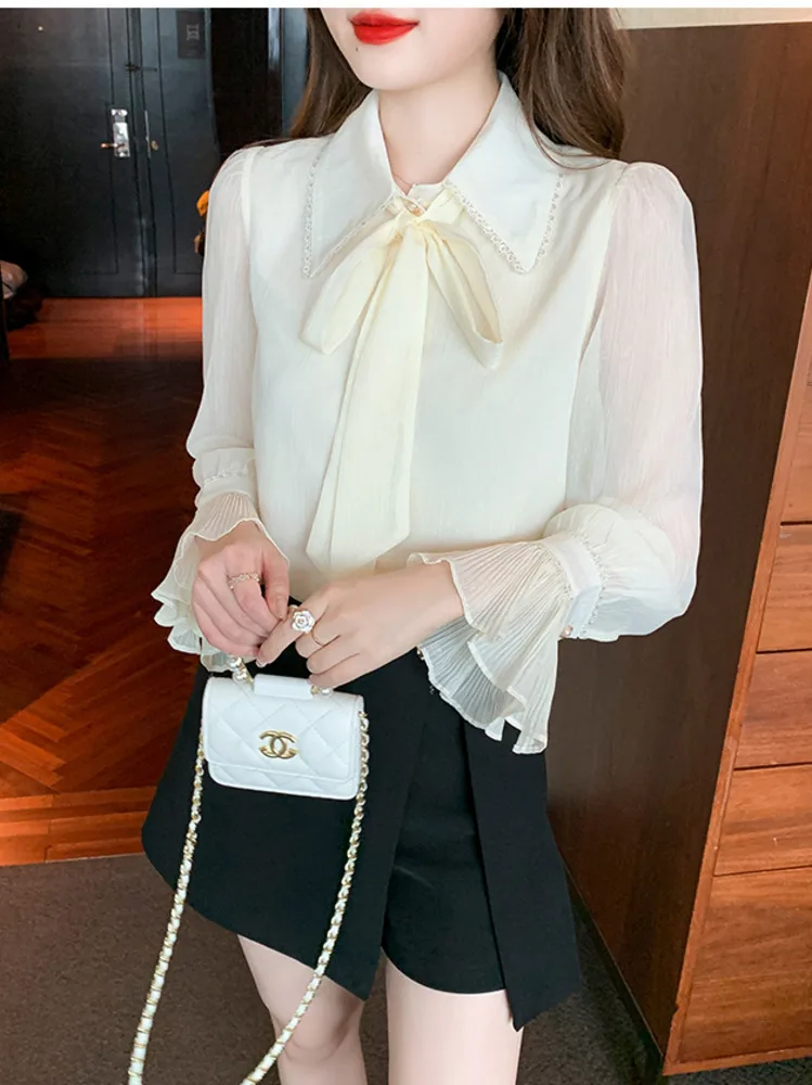 #3238 White Chiffon Office Shirts Blouse Women Turn-down Collar France Style Flare Sleeve Women Shirts Thin Sexy Vintage Spring