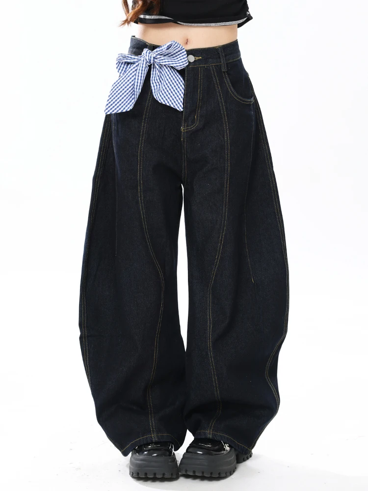 

ENJOG Американские широкие джинсы в клетку с галстуком-бабочкой, женские джинсы 2025 года, новый свободный дизайн, рабочая одежда, брюки с низкой талией, длинные брюки