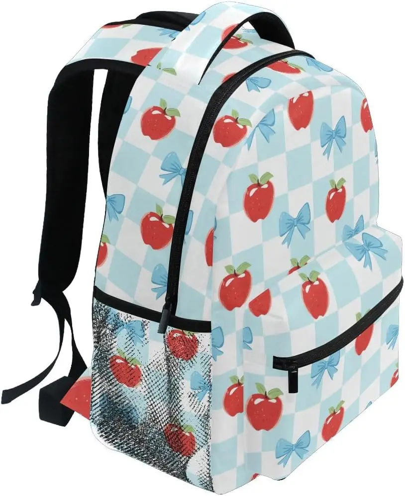 Light Blue Checkered Apple Bow Print Backpack Cute Fruit Pattern School Bag Lightweight Casual Daypack For Students Travel Daily
