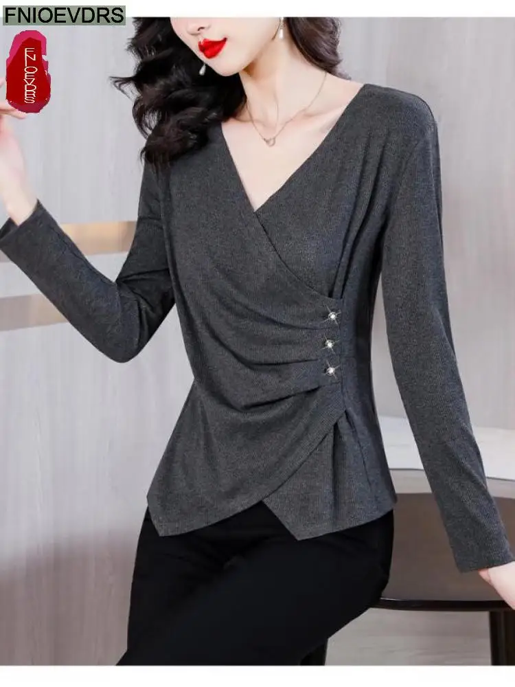 S-2XL 2023 Women Long Sleeve Elegant Office Lady Work Button Basic Shirt Casual Gray Tunic Peplum Tops Blouses