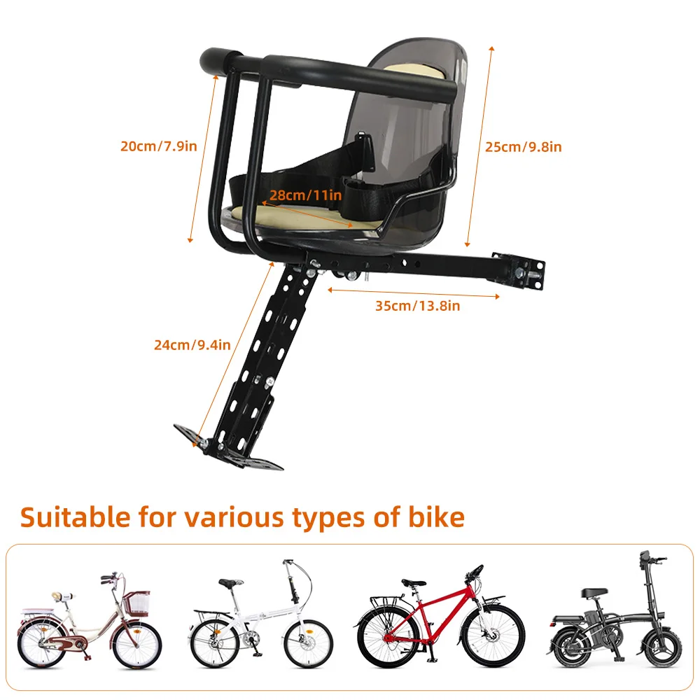 Front Mount Kids Bike Seat Mountain Bike Child Safety Seat with Guardrail and Safety Belt for Mountain Road Bike Accessories