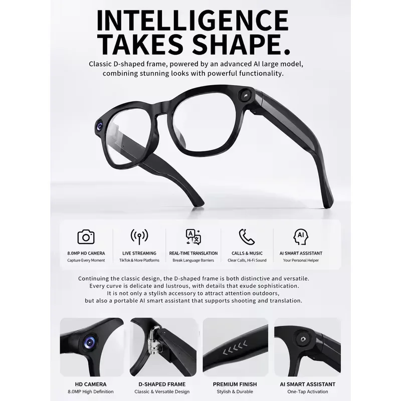2026 AI Smart Glasses Camera Recording Glasses with Audio, Real-Time Translation Function Wearable Glasses for Men and Women