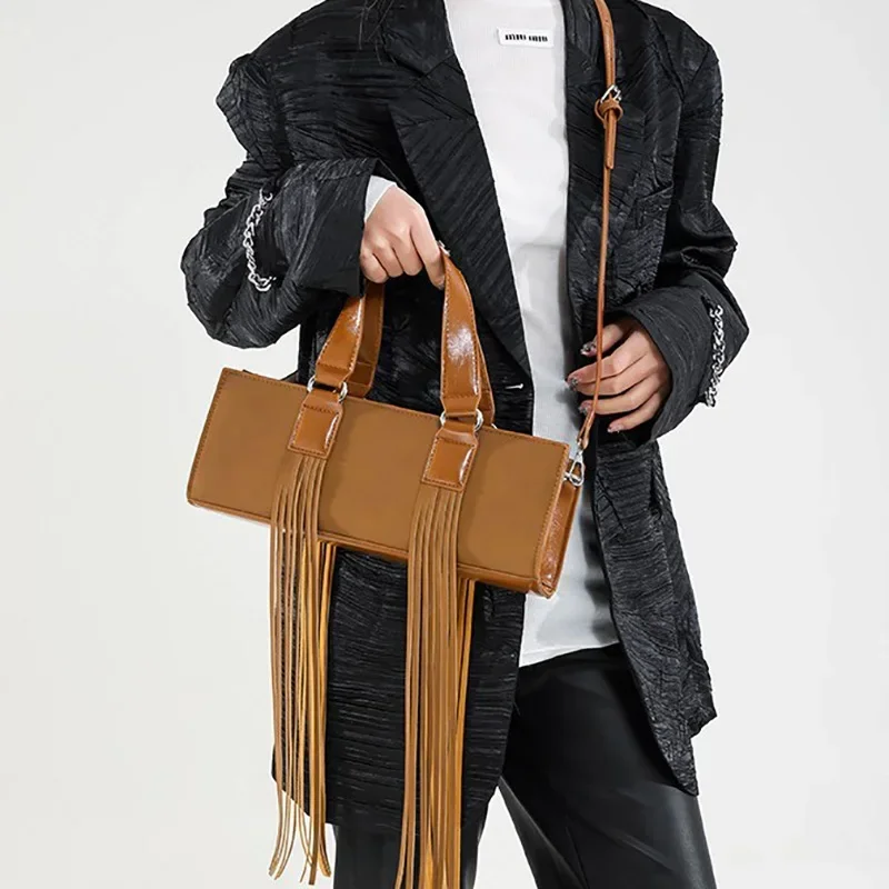 

Texture PU Leather Handbags For Women Light Luxury Solid Color Tassel Square Single Shoulder Bag Trendy Versatile Crossbody Bags