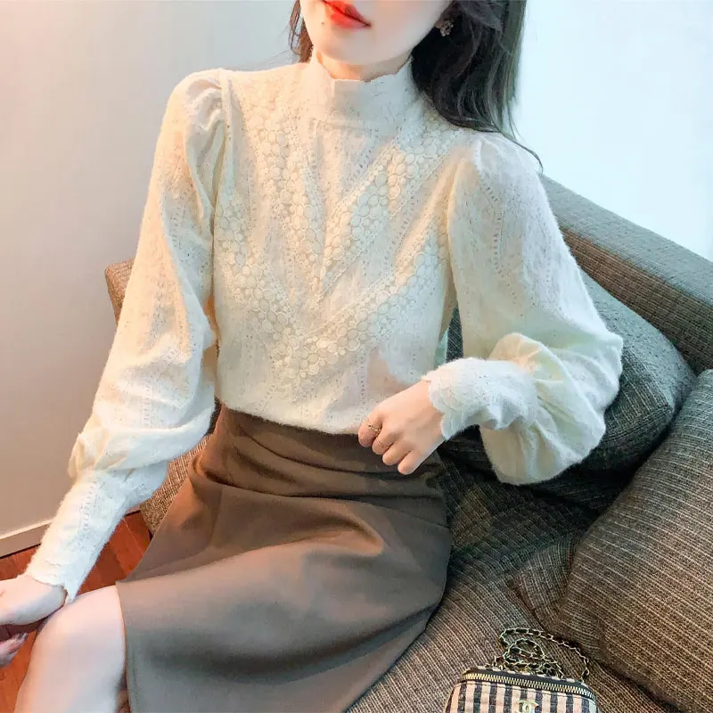 Commute Spring Autumn Straight Solid Color T-shirt Female Clothing Elegant Lace Hollow Out All-match Half High Collar Pullovers