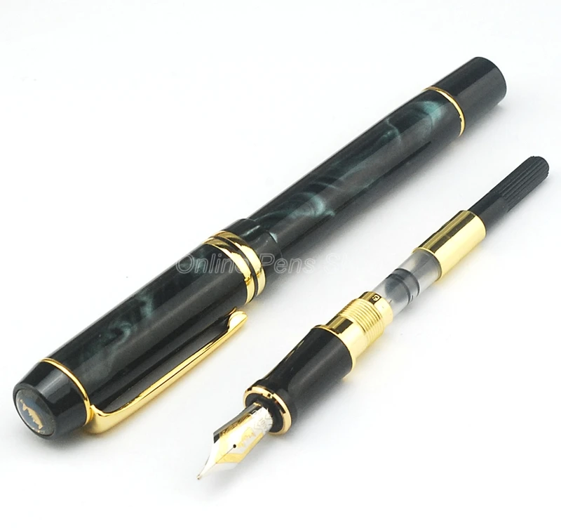 

Kaigelu 316 Black & Golden Marble Celluloid Fountain Pen 22KGP Fine Nib Green Phantom Pattern For Business Gift Pens