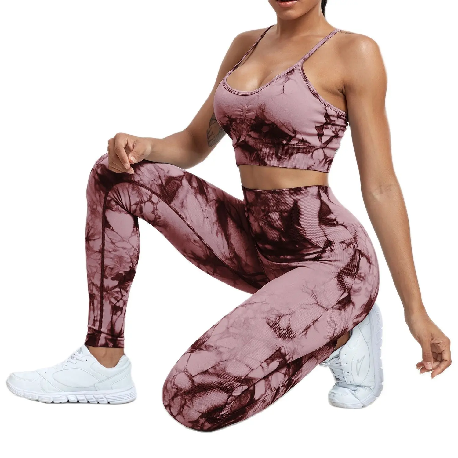 CHRLEISURE damskie Tie Dye zestaw do jogi bezszwowy Fitness legginsy treningowe garnitur z biustonosz do biegania odzież sportową damski elastyczne