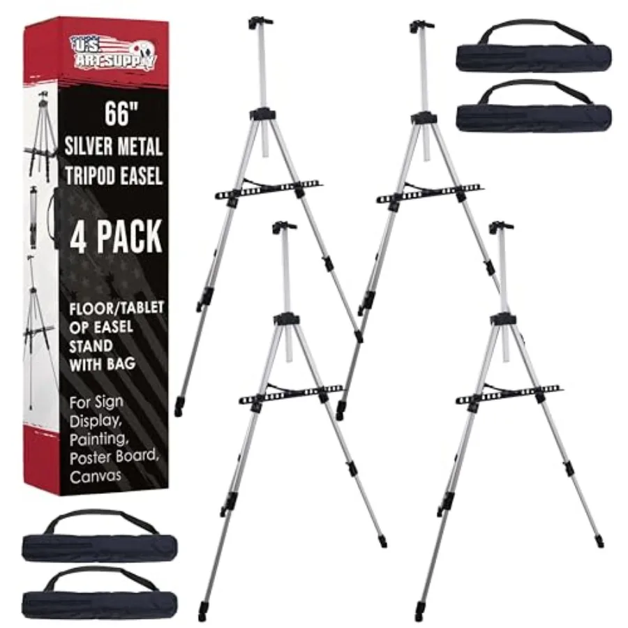 

66" Silver Metal Tripod Easel Display 4 Pack - Adjustable 18"- 5.5' Holds 36" Canvas - Floor/Tabletop Easel Stand for Sign Disp
