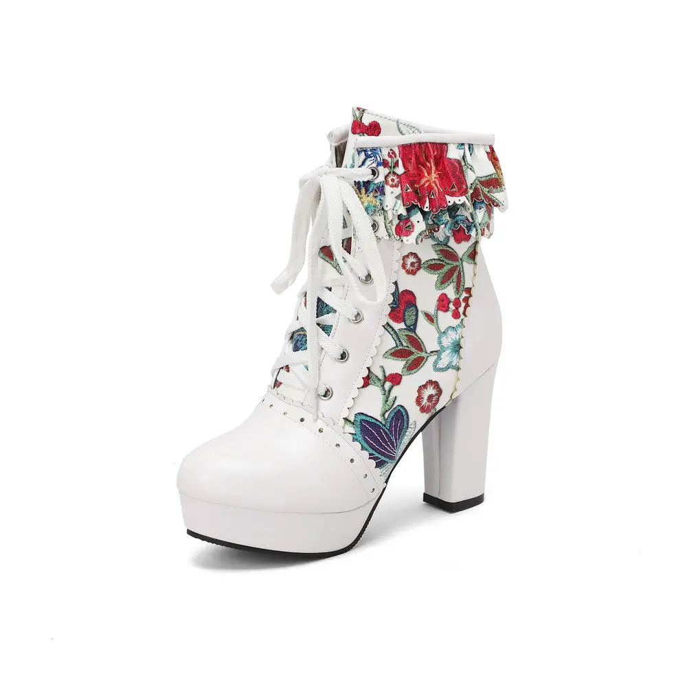 Kawaii Cosplay Lolita Flora Print Patchwork Schnür-Brogues für Damen, modische Plateauschuhe – süße Ankle Booties in Übergröße