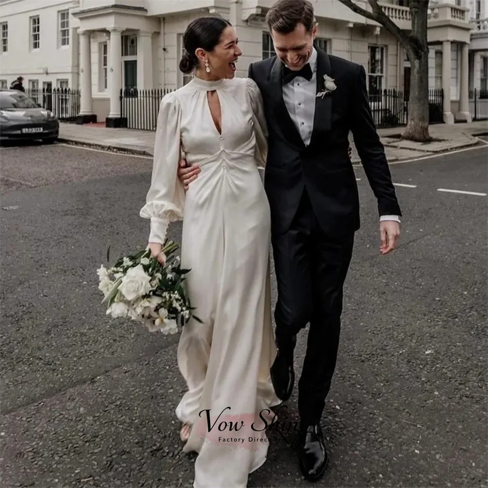 Vow Shiny Classic High Neck Puff Long Sleeve Wedding Dresses For Woman Satin A-Line Bridal Gown Customized Civil Wedding Dress