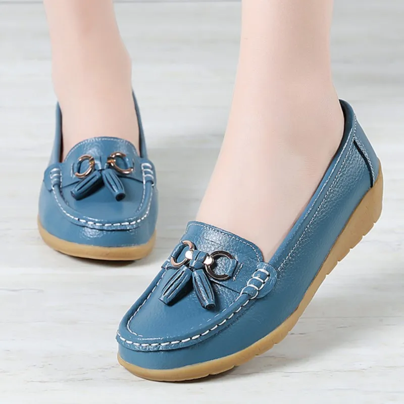Genuine Leather Women Flats Fashion Casual Women Shoe Moccasins Shoes Woman Slip On Flat Shoes Black Ladies Shoes Plus Size