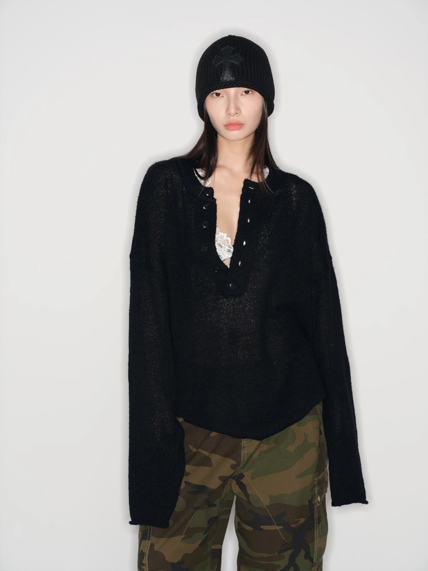 

Pimeili Oversized Pullover Henry Collar Camere Knitwear Women's Autumn Winter Long Sve Mid-Length Faionable Sweater