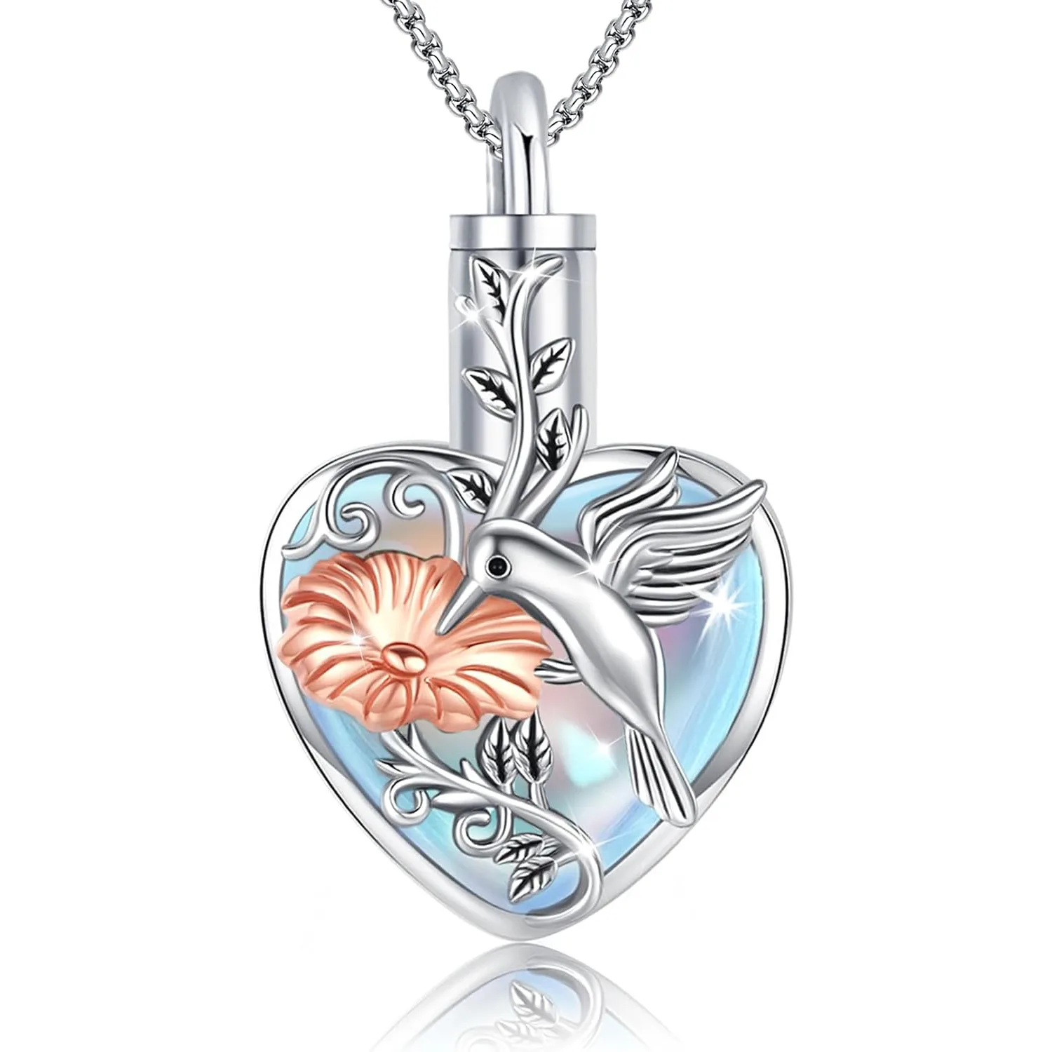 Heart Hummingbird Moonstone Necklace 925 Sterling Silver Urn Necklace Memorial Pendant for Ashes Cremation Jewelry for Women