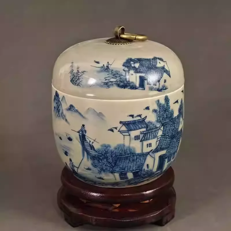 

Retro Jiangnan Water Town Porcelain Jar Rural Old Ceramic Tea Storage Canister Antique Collectible Ornament