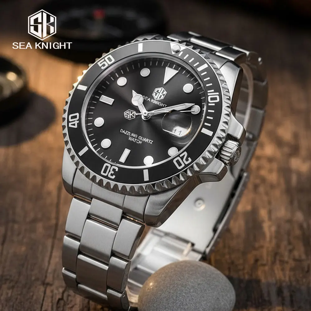 SEA KNIGHT Luxury Business Mens Quartz Watch Stainless Steel Watch Calendar Luminous Waterproof Quality Man Fashion Watch Clock
