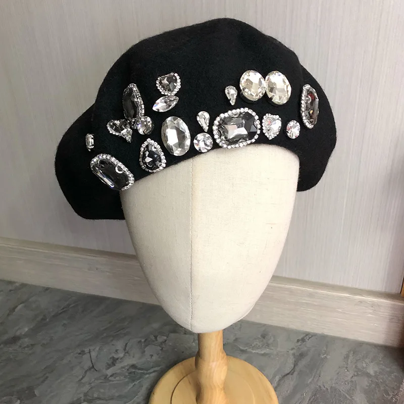 2024 Berets Women Hat Brimless Stretchy Comfortable Rhinestone Y2K Cap Autumn Female Flat Color Cotton