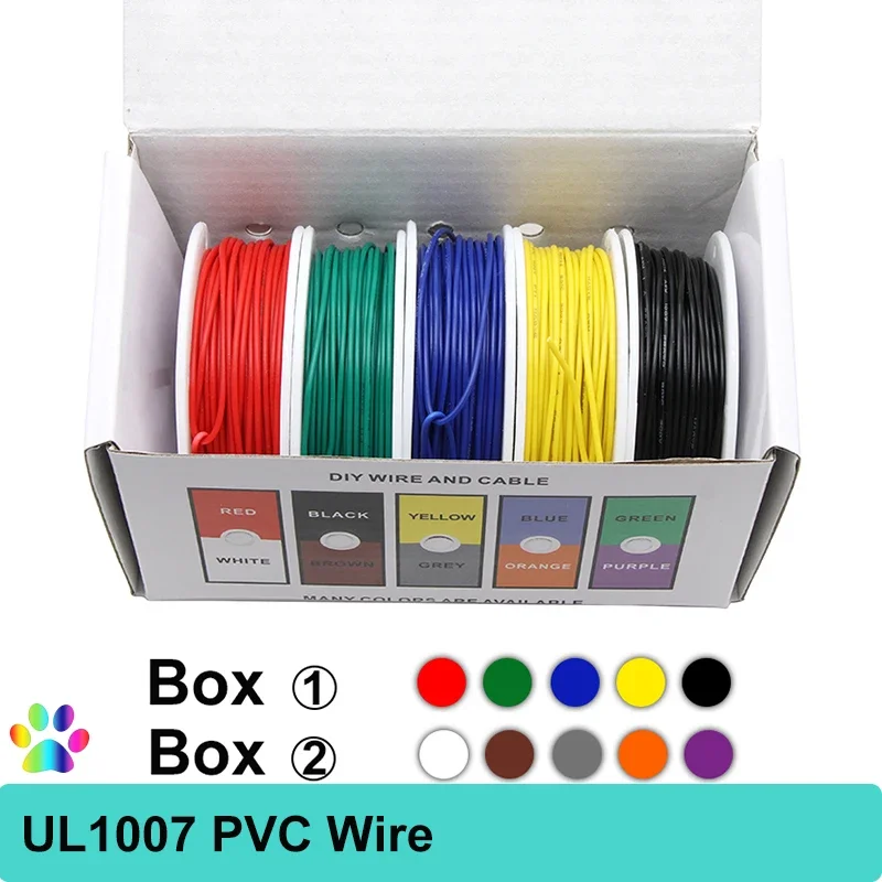 

Boxed UL1007 PVC Insulation Tinned Copper Cable （5 Colors Mix Kit）30/28/26/24/22/20/18/16 AWG Stranded PCB Electrical Wire Line