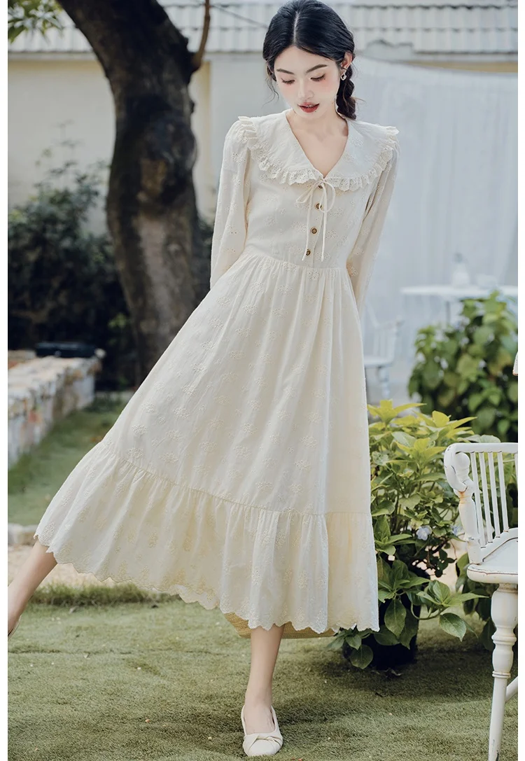 Japan Mori Girl Style Cotton Linen Dress Woman Vintage Cottage Lace Peter Pan Collar Loose Casual Prairie Chic Forest Dresses