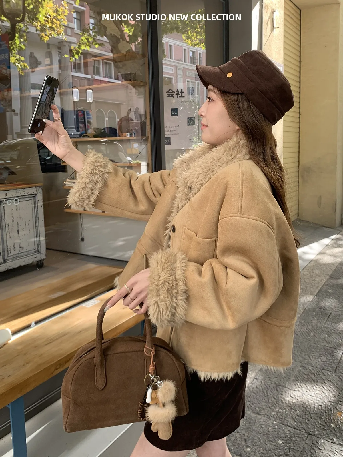 

MUKOK Korean Sle ort Jaet Women's Winter Coat Fake eepskin Collar Stand up Faux Leather Fur Inteated Coat