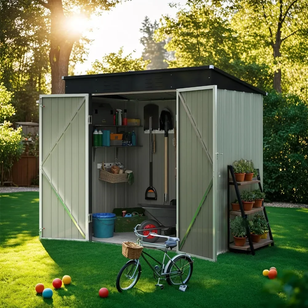 

Outdoor Storage Shed All Weather 6FTx4FT Metal Garden Shed with Lockable Double Doors for Garden Tools, Toys and Sundries, White