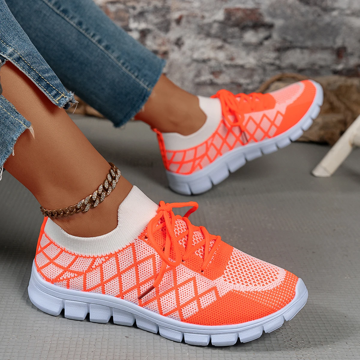 Women Knit Sock Sneakers, Rhombus Pattern Breathable Lightweight Comfortable Lace‑Up Flat Shoes Ladies Daily Casual Sport Shoes - view 6