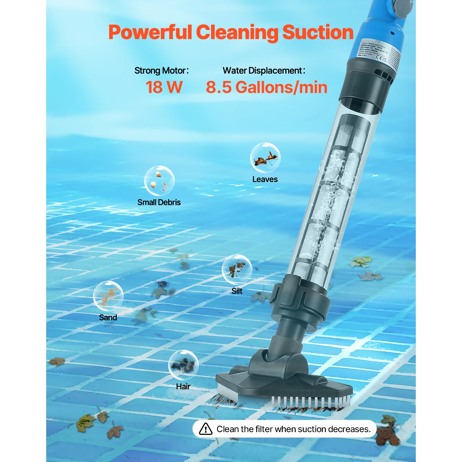 VEVOR Pool Vacuum 8.5 GPM Handheld Cordless Pool Cleaner Retractable & Rechargeable Pool Cleaner for Above Ground/Inground Pool