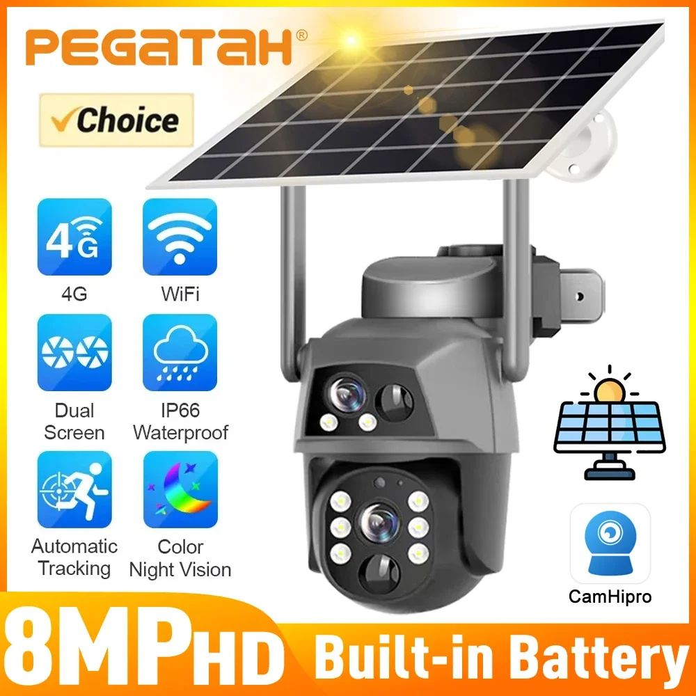 

PEGATAH Outdoor 4G Solar Camera 8MP 4K WiFi PTZ IP Security Dual Lens Auto Tracking CCTV With Solar Panel Built in Battery