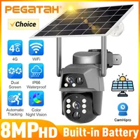 PEGATAH Outdoor 4G Solar Camera 8MP 4K WiFi PTZ IP Security Dual Lens Auto Tracking CCTV With Solar Panel Built in Battery