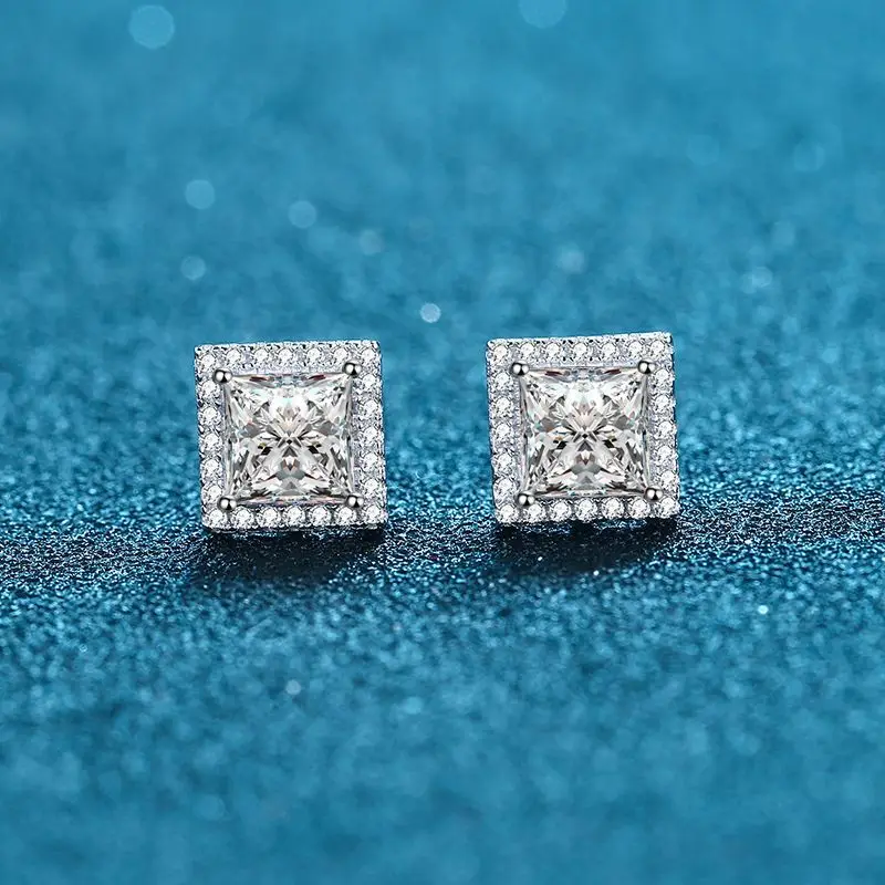 Elegant PT950 Platinum Four-Prong Square Moissanite 1.2–2-4 Carats Stud Earrings with Micro-Set Small Diamonds