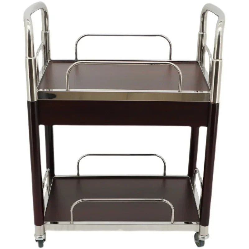 

Wooden stainless steel hot pot cart, side dish cart, high-end push dining cart, tea cart double layer with drawers, wine cart