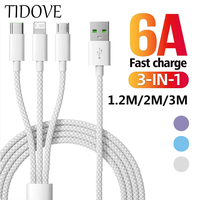 TIDOVE 6A 66W 3 In 1 Fast Charging Cable USB Type C Cable Micro USB Cable USB C Data Cable for Huawei Xiaomi Samsung 1.2M/2M/3M