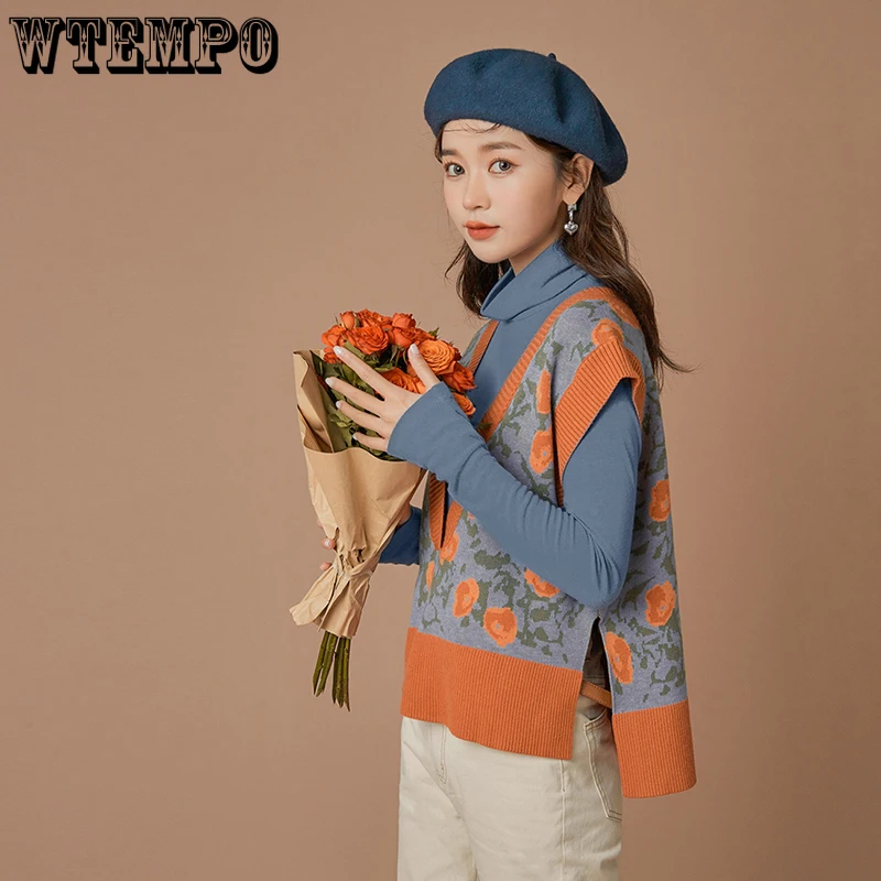 Floral Sweater Vest Women Autumn Winter Fashion Knitted Vest Sleeve Jackets V Neck Woman Pullover Jumper Girl Sweater Wholesale