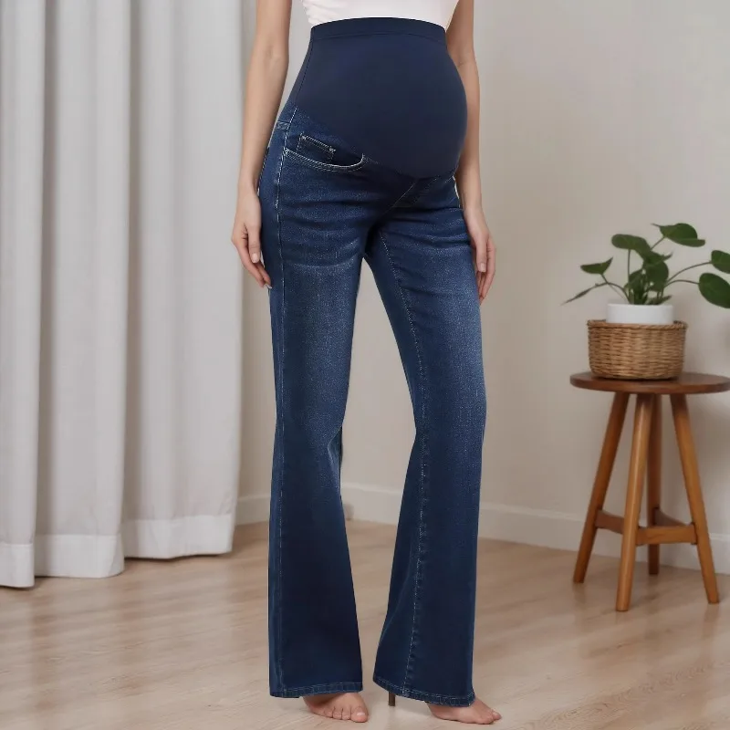 Pregnant Women Denim Pants Maternity High Waist Belly Support Slim Fit Jeans Flared Trousers Spring Casual Pregnancy Clothing