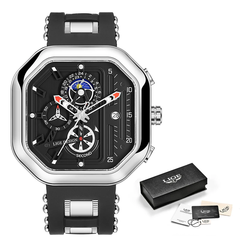 LIGE Clock Fashion Square orologi uomo Luxury Sport Silicone impermeabile orologio da uomo cronografo orologio da polso al quarzo Relogio Masculino